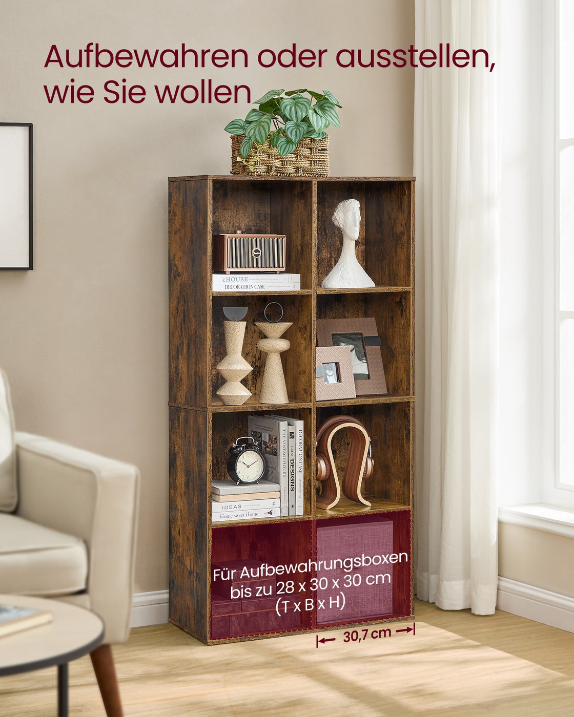 Boekenkast met 8 Vakken – Staand of Liggend als TV-meubel – Vintage Bruin – 65,5 x 30 x 129,5 cm