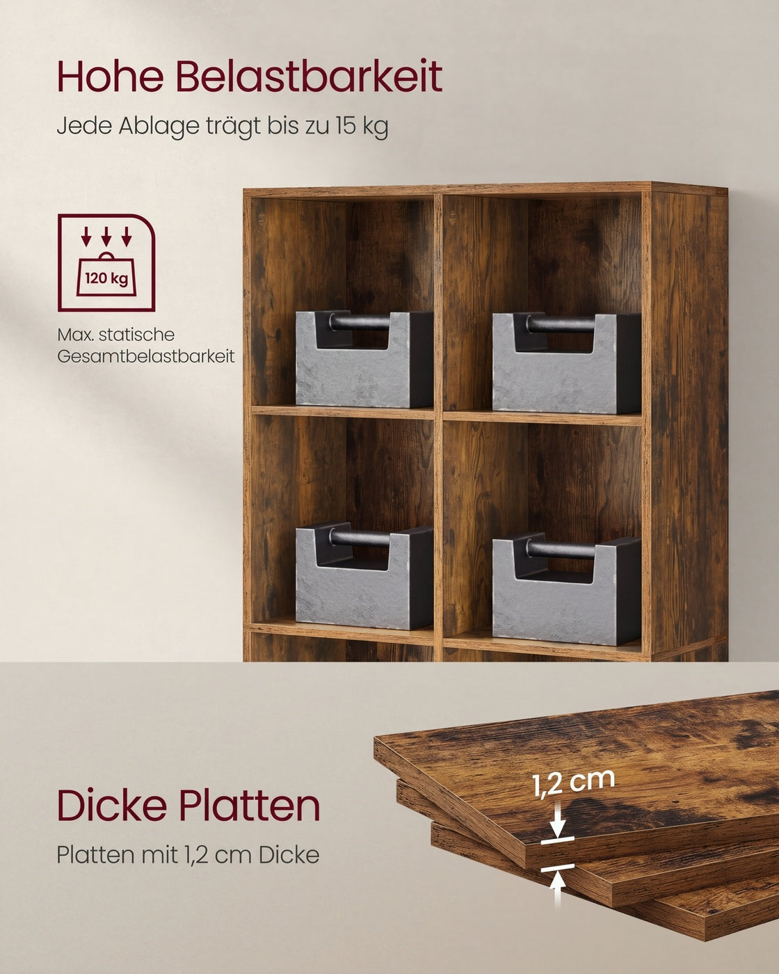 Boekenkast met 8 Vakken – Staand of Liggend als TV-meubel – Vintage Bruin – 65,5 x 30 x 129,5 cm