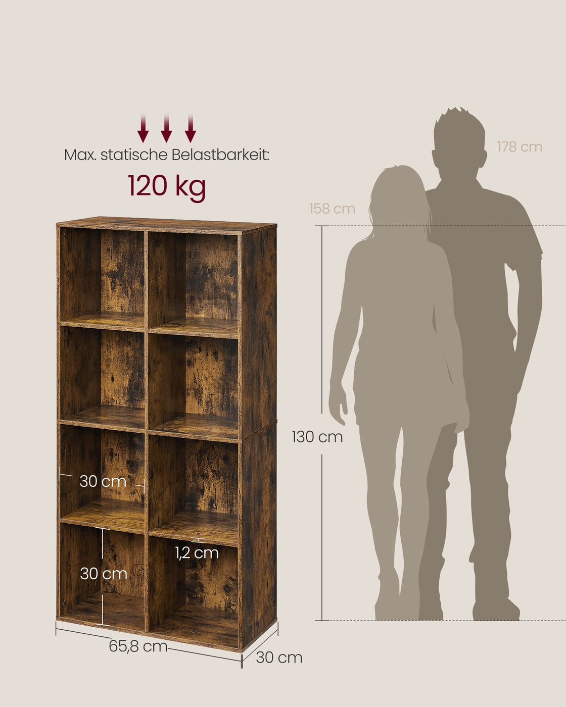Boekenkast met 8 Vakken – Staand of Liggend als TV-meubel – Vintage Bruin – 65,5 x 30 x 129,5 cm