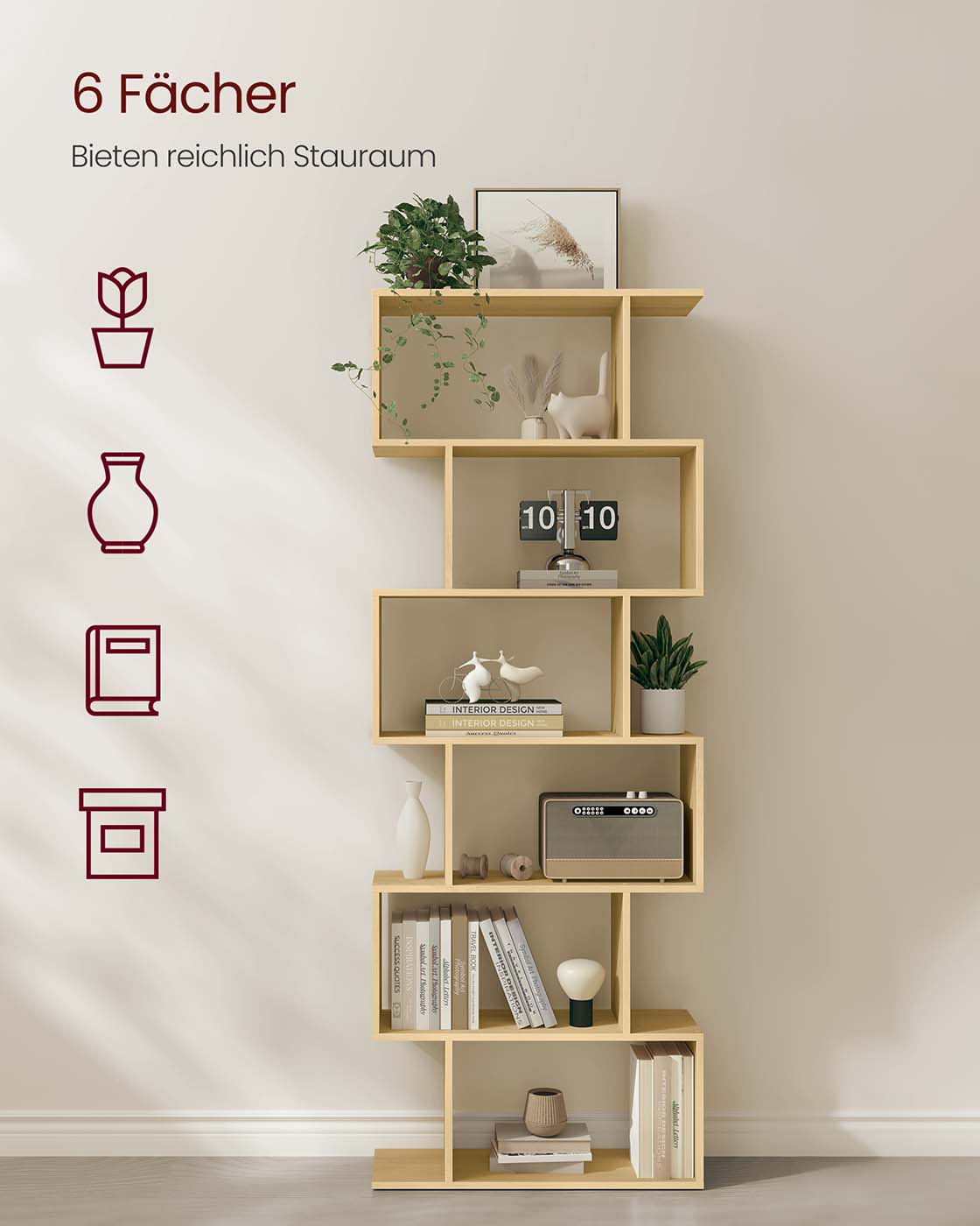 S-vormige Boekenkast – Open Zigzag Kast met 5 of 6 Niveaus – Spaanplaat – 40 of 70 cm Breed