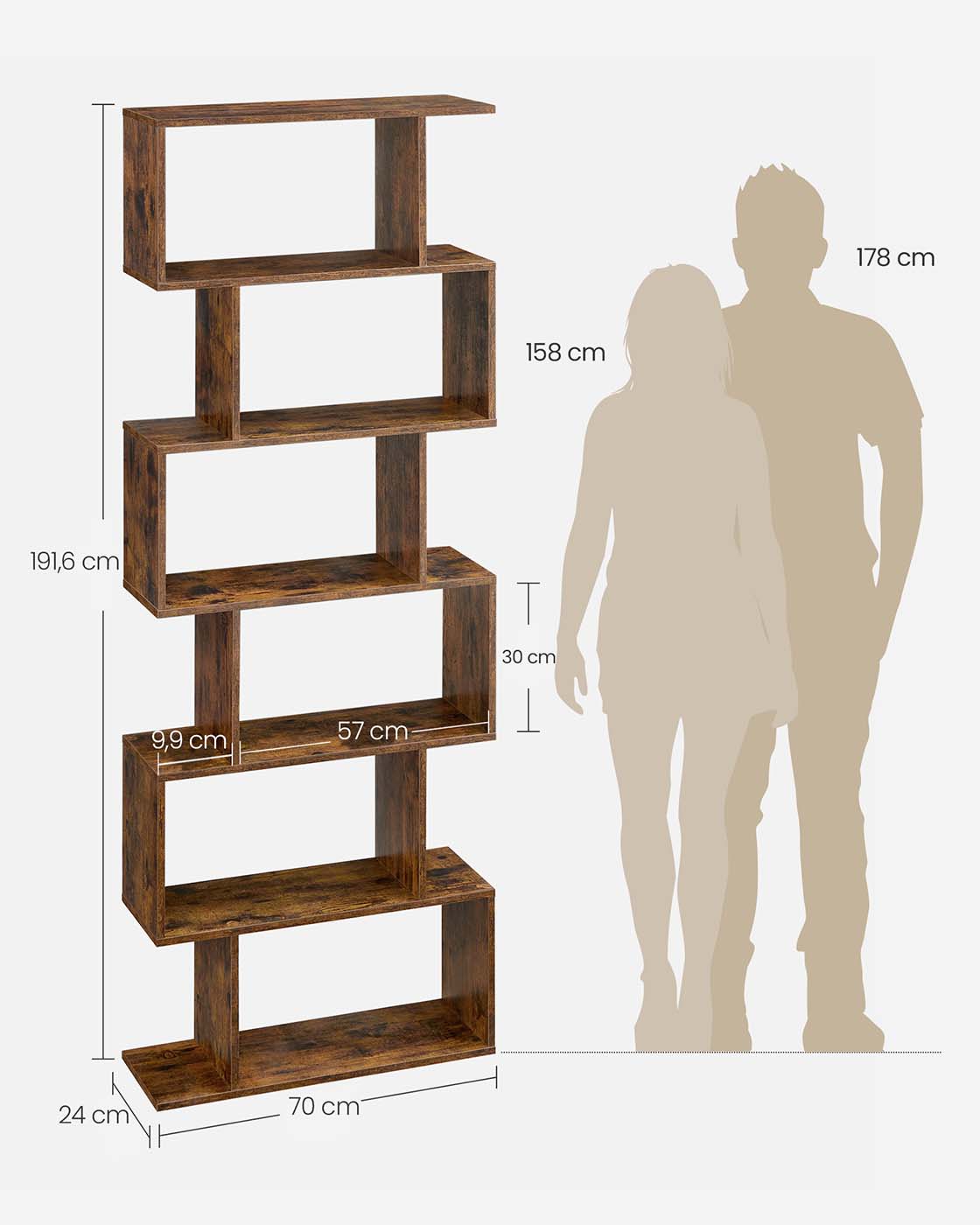 S-vormige Boekenkast – Open Zigzag Kast met 5 of 6 Niveaus – Spaanplaat – 40 of 70 cm Breed