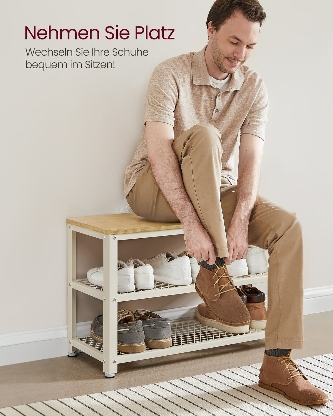 Schoenenbank met 2 Gaasplanken – Zitbank tot 90 kg – Stalen Frame & Verstelbare Voetjes – 73 cm