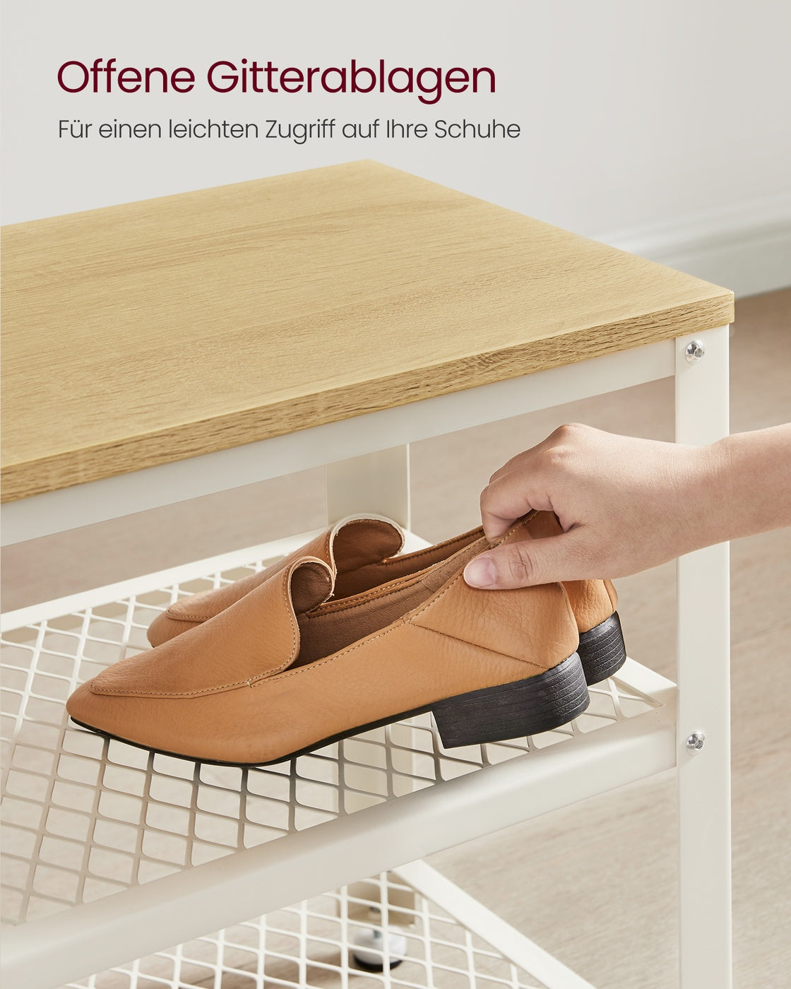 Schoenenbank met 2 Gaasplanken – Zitbank tot 90 kg – Stalen Frame & Verstelbare Voetjes – 73 cm