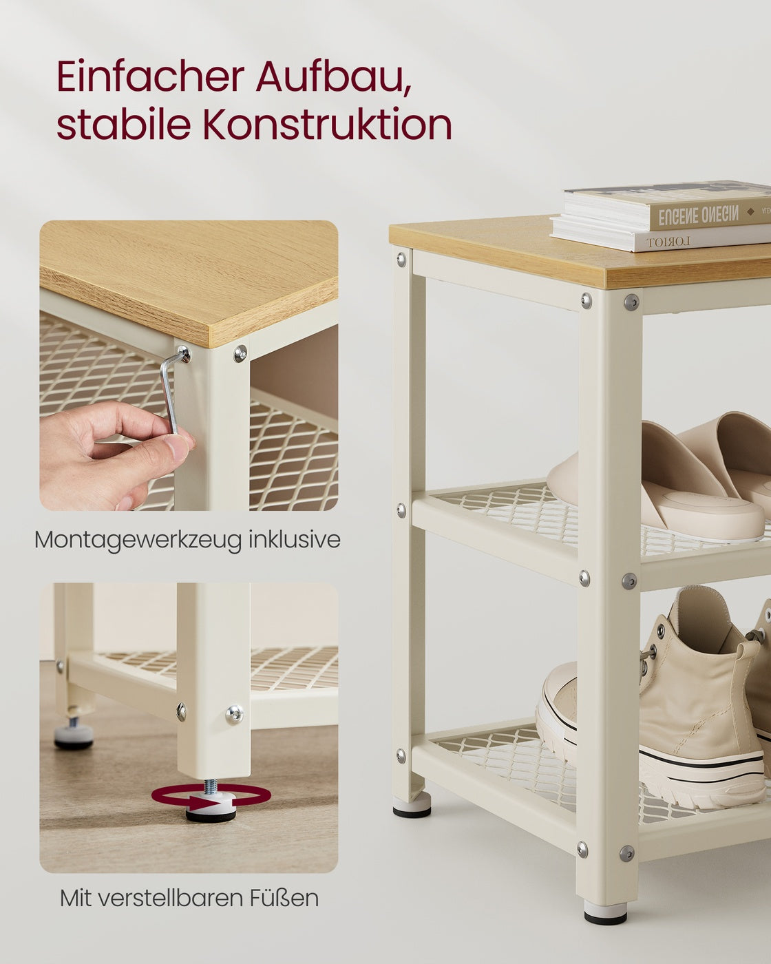 Schoenenbank met 2 Gaasplanken – Zitbank tot 90 kg – Stalen Frame & Verstelbare Voetjes – 73 cm