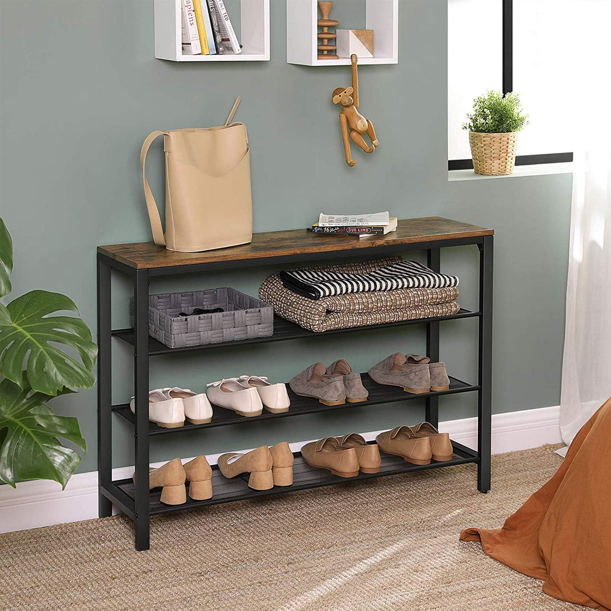 Schoenenrek 3 of 5 Lagen – Industriële Schoenenkast – Houtlook Bovenblad – 100 x 30 x 72 of 110 cm