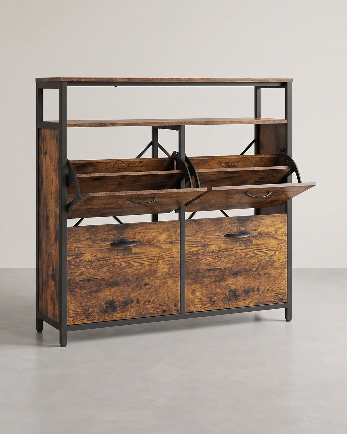 Schoenenkast met 4 Kleppen – Open Plank – Industrieel Stalen Frame – 98 x 95 cm