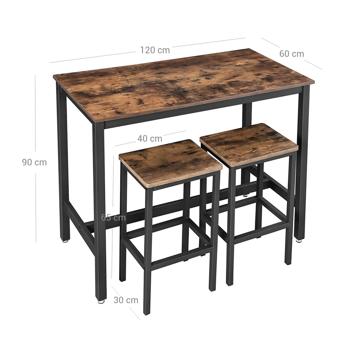Bartafel met 2 Barkrukken – Industrieel Design – Krukken Passen Onder de Tafel – 120 x 60 x 90 cm