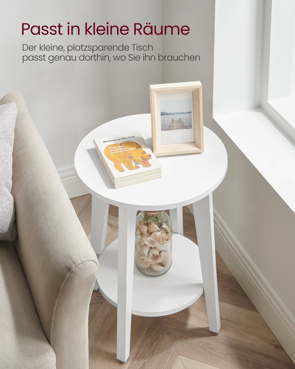 Ronde Bijzettafel met Onderplank – 2 Niveaus – Modern Wit – Ø40 x 50 cm – Tot 90 kg