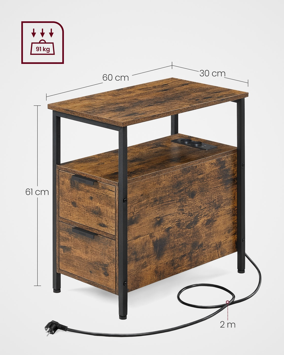 Bijzettafel met Stopcontacten & USB – 2 Lades en Tijdschriftenhouder – 60 x 35 x 61 cm