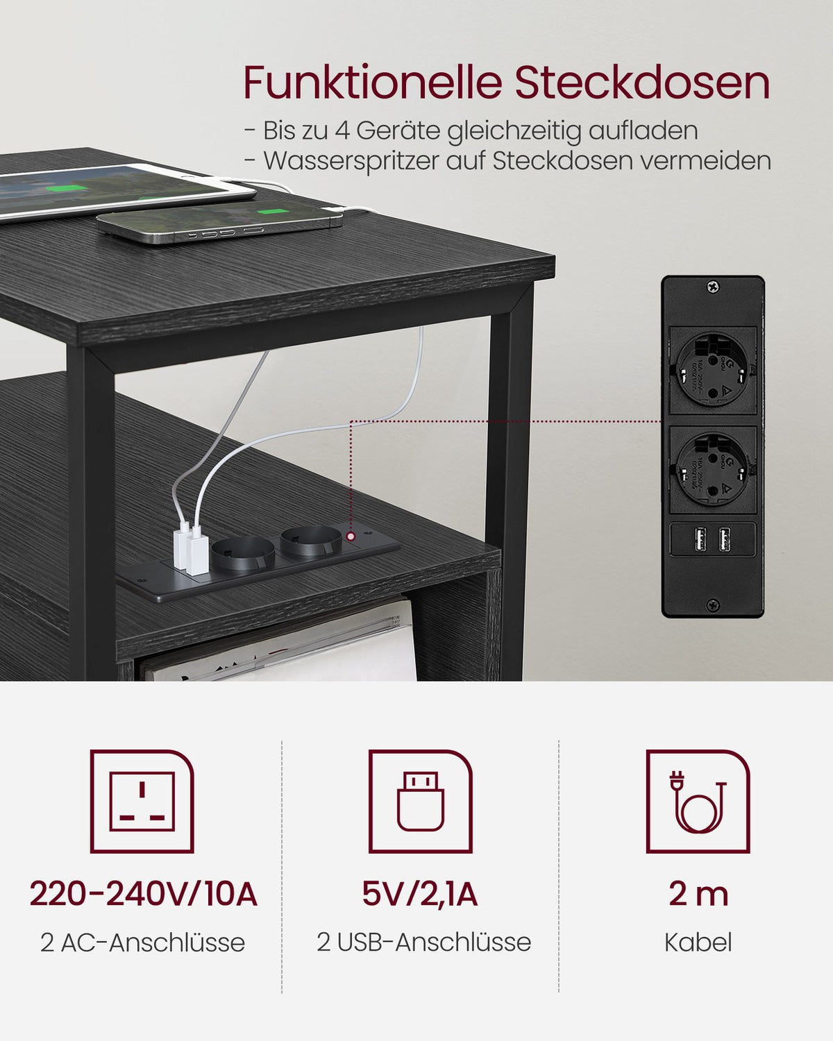 Bijzettafel met Stopcontacten & USB – 2 Lades en Tijdschriftenhouder – 60 x 35 x 61 cm
