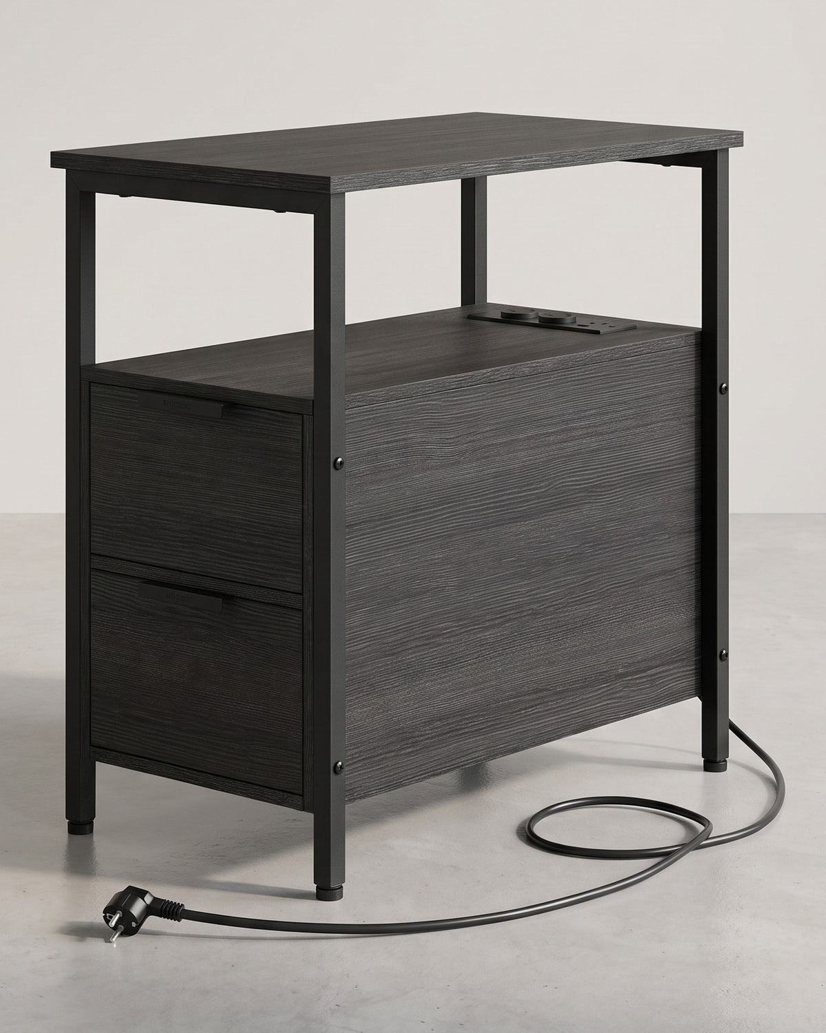 Bijzettafel met Stopcontacten & USB – 2 Lades en Tijdschriftenhouder – 60 x 35 x 61 cm
