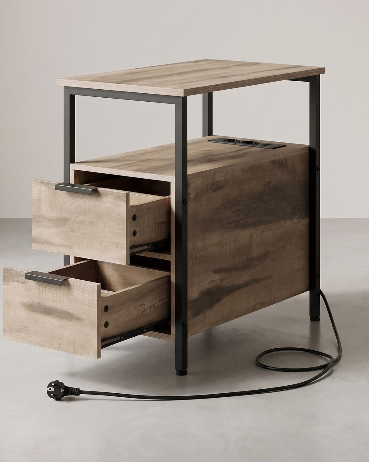 Bijzettafel met Stopcontacten & USB – 2 Lades en Tijdschriftenhouder – 60 x 35 x 61 cm