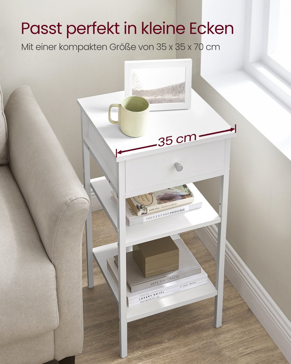 Smal Nachtkastje met Lade – 2 Open Planken – Stalen Frame – Ruimtebesparend – 35 x 35 x 70 cm