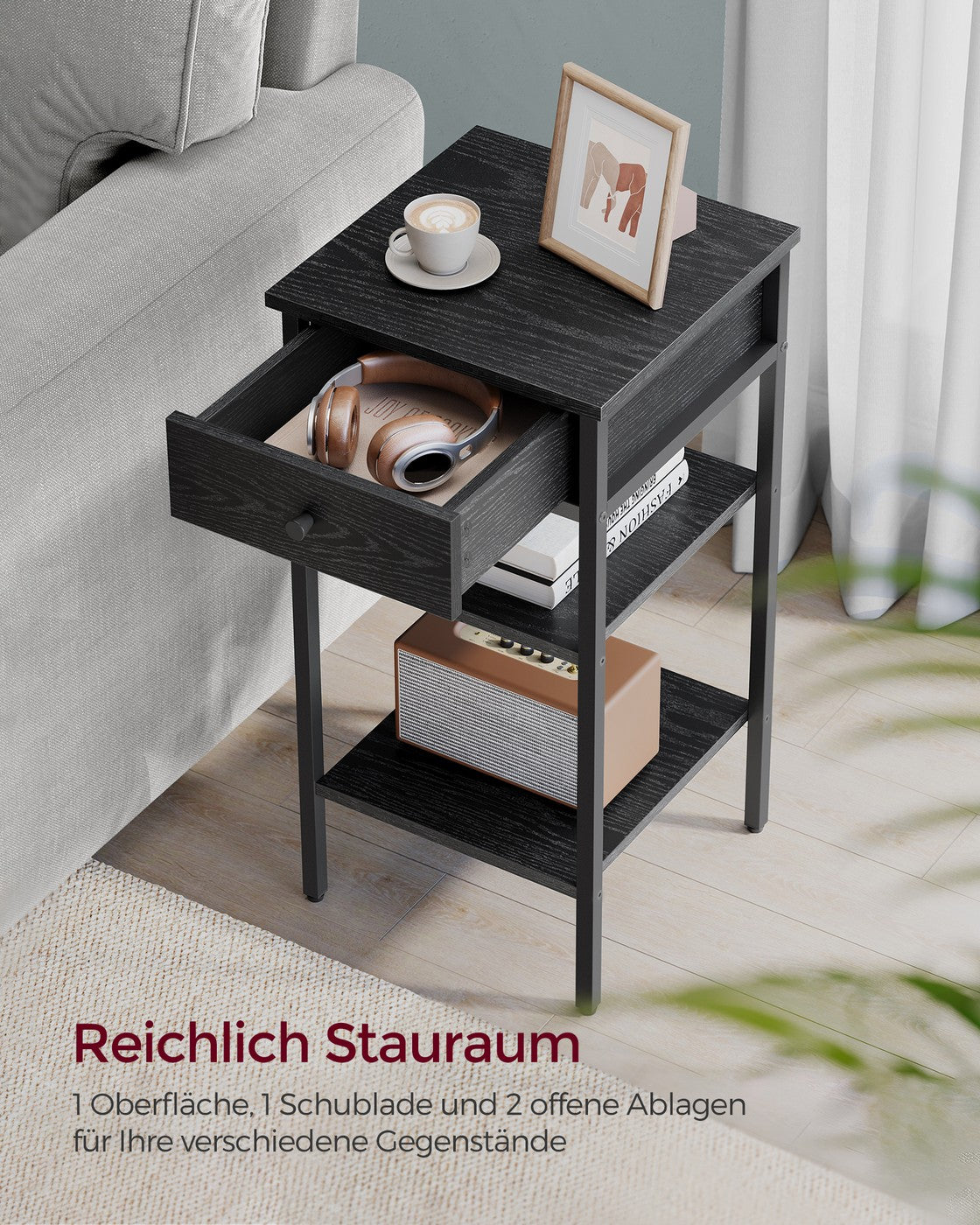 Smal Nachtkastje met Lade – 2 Open Planken – Stalen Frame – Ruimtebesparend – 35 x 35 x 70 cm