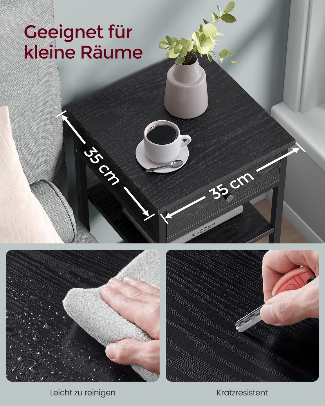 Smal Nachtkastje met Lade – 2 Open Planken – Stalen Frame – Ruimtebesparend – 35 x 35 x 70 cm