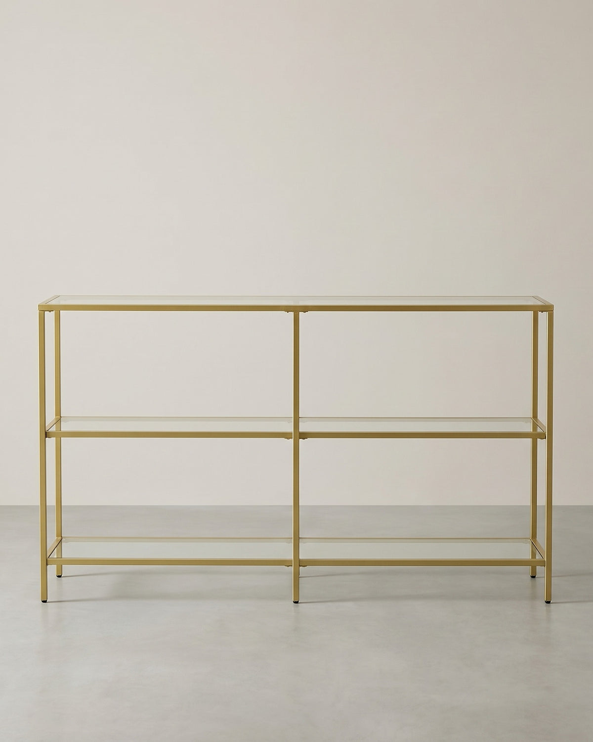 Wandtafel met 3 Glazen Planken – Goudkleurig Stalen Frame – Gehard Glas – 130 x 30 x 73 cm