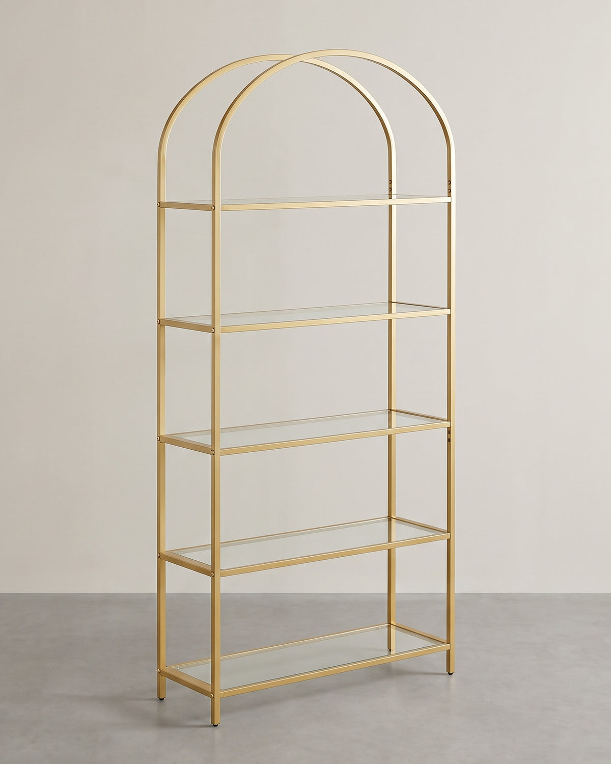 Boekenkast met Boog – 5 Planken van Gehard Glas – Goudkleurig Stalen Frame – 83 x 30 x 183,5 cm