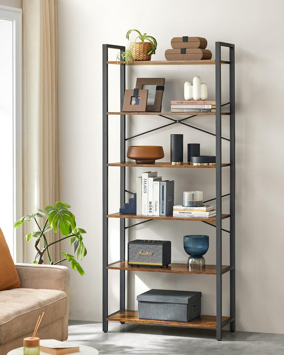 Industriële Boekenkast met 6 Planken – Stalen Frame met X-Verstevigingen – Verstelbare Voetjes – 78 cm