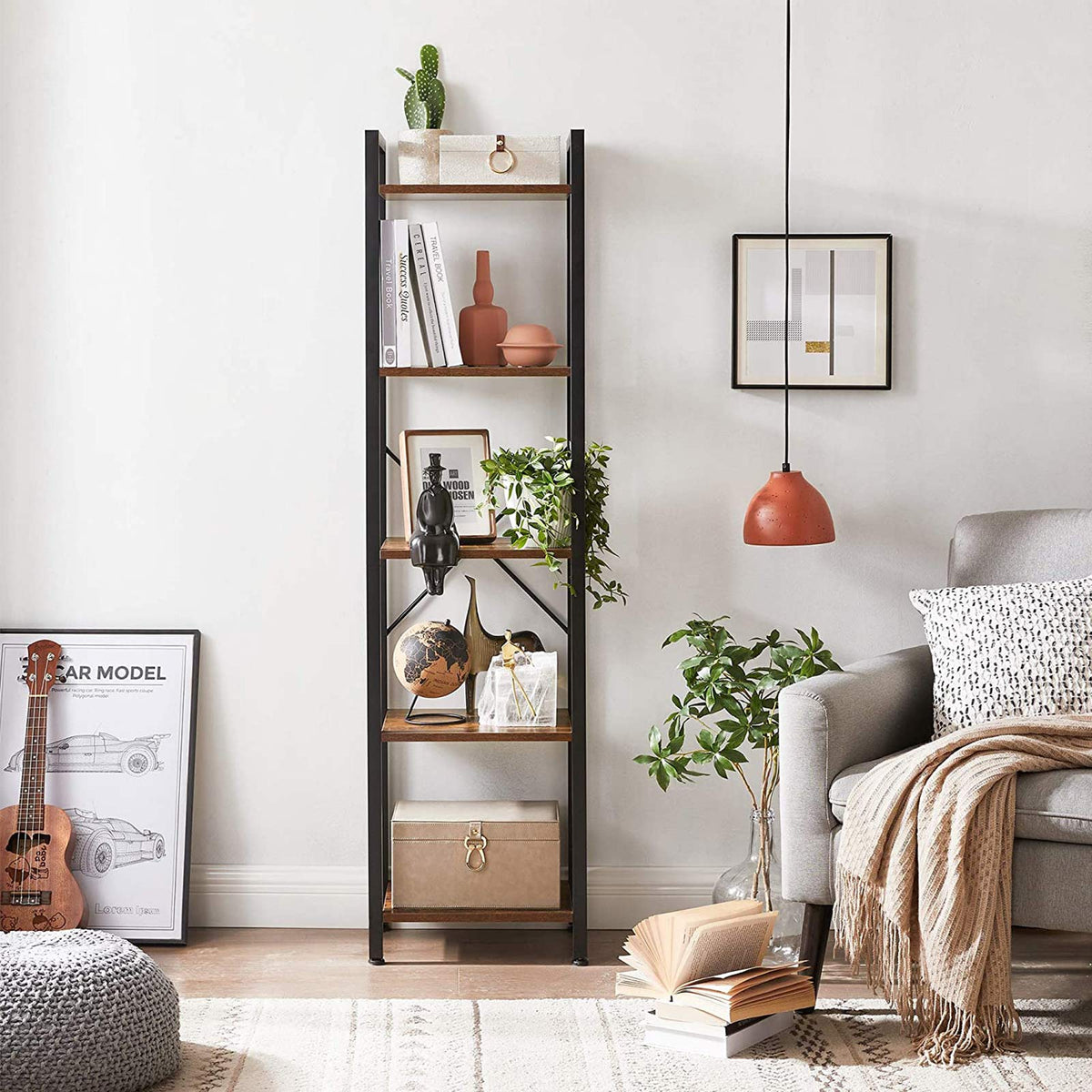 Boekenkast Industrieel – 6 Niveaus – Smal 40 cm – Zwart Metalen Frame met Houtlook – voor Woonkamer & Kantoor