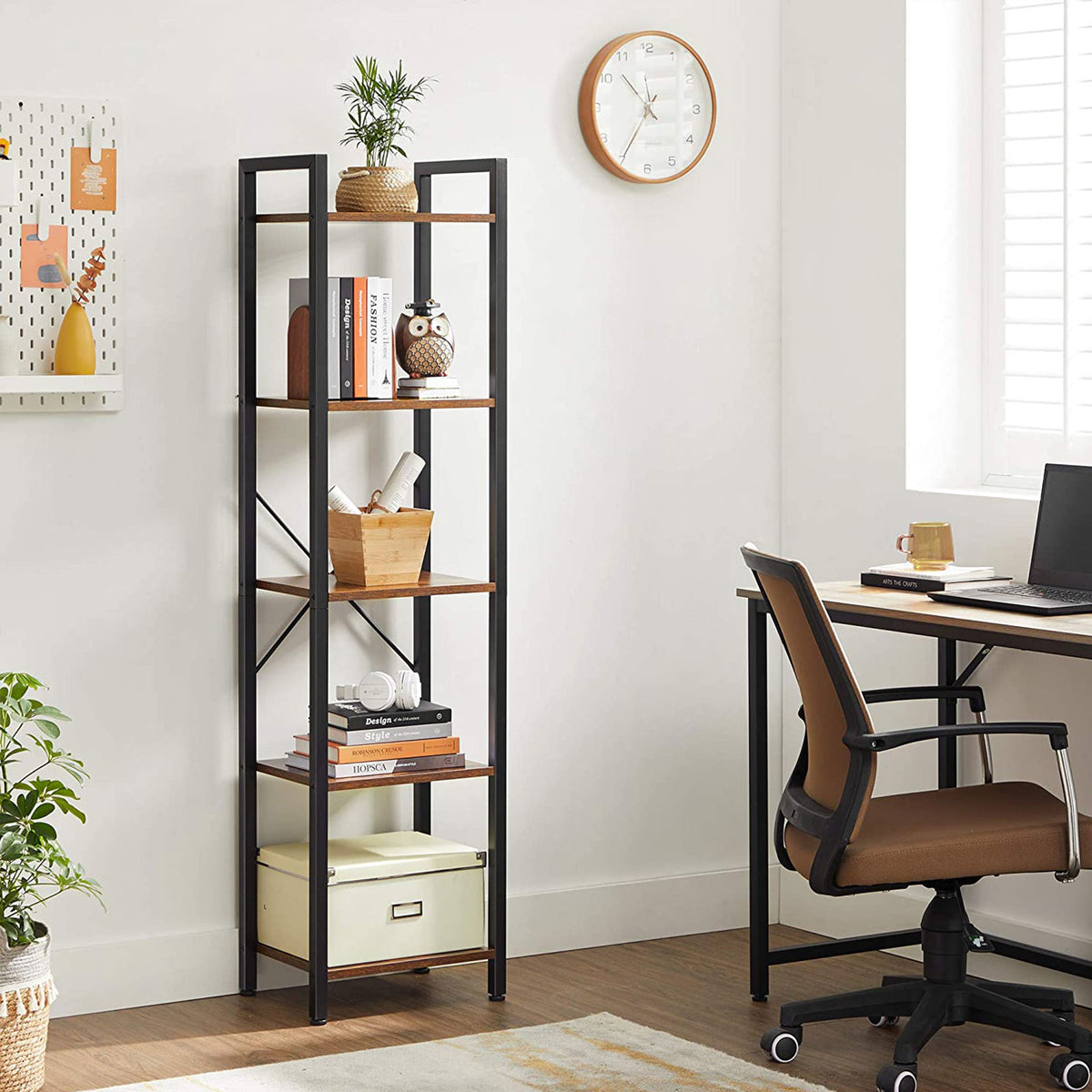 Boekenkast Industrieel – 6 Niveaus – Smal 40 cm – Zwart Metalen Frame met Houtlook – voor Woonkamer & Kantoor
