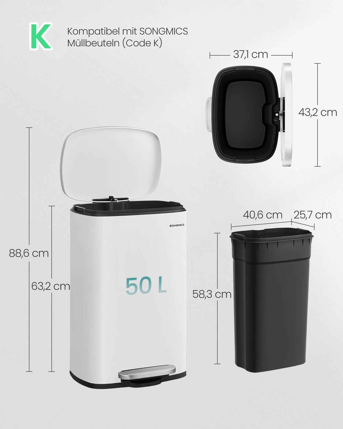 Pedaalemmer 50 Liter – Stalen Prullenbak met Softclose-deksel – Uitneembare Binnenemmer – Wit