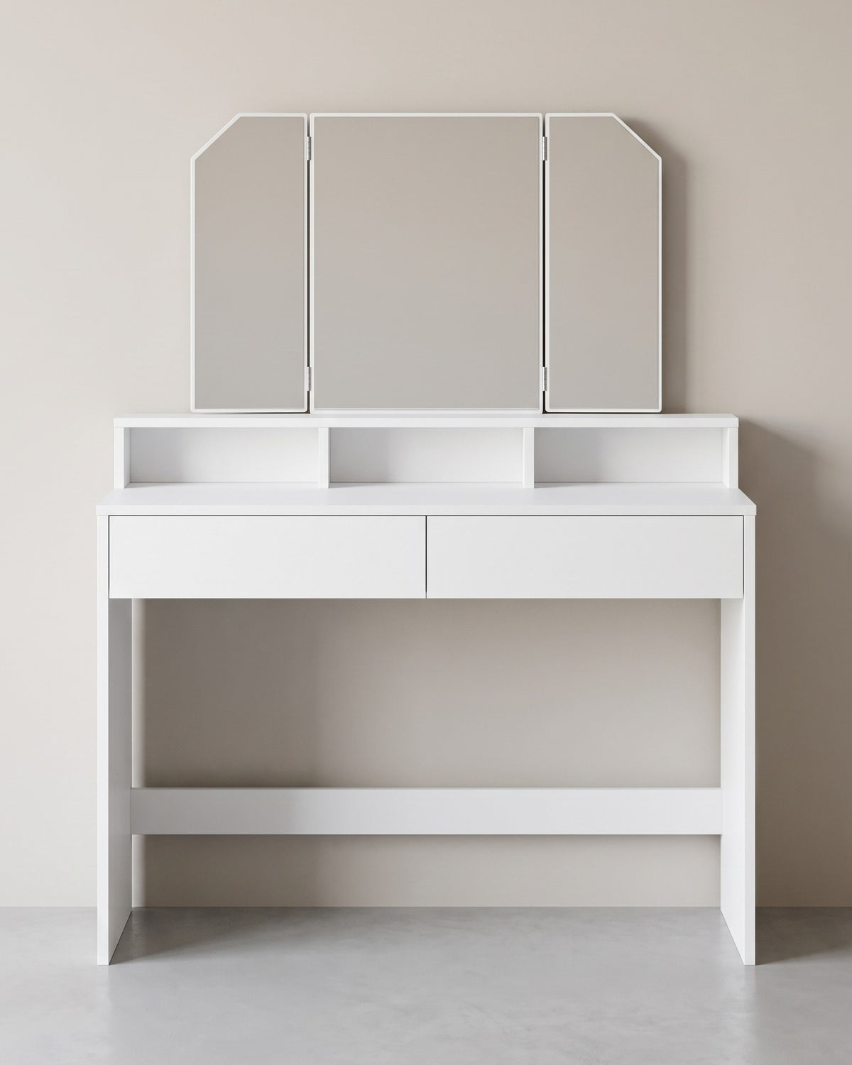 Kaptafel met Driedelige Klapspiegel – 2 Lades & 3 Open Vakken – Wit – 100 x 40 x 142 cm