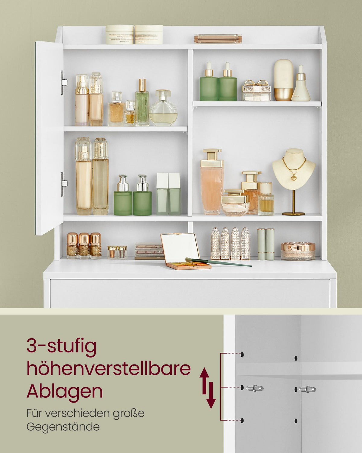 Kaptafel met Spiegeldeur en Opbergvakken – Verstelbare Planken & Lade – Wit – 70 x 40 x 136 cm