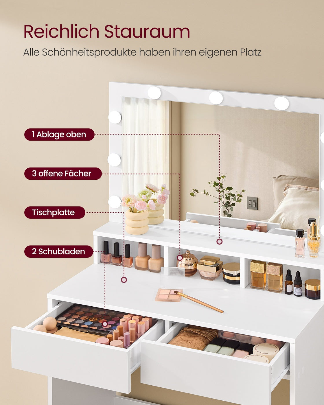 Kaptafel met Verlichte Spiegel – 9 Lampjes, 3 Lichtkleuren, Dimbaar – 2 Lades & Open Vakken – 80 cm