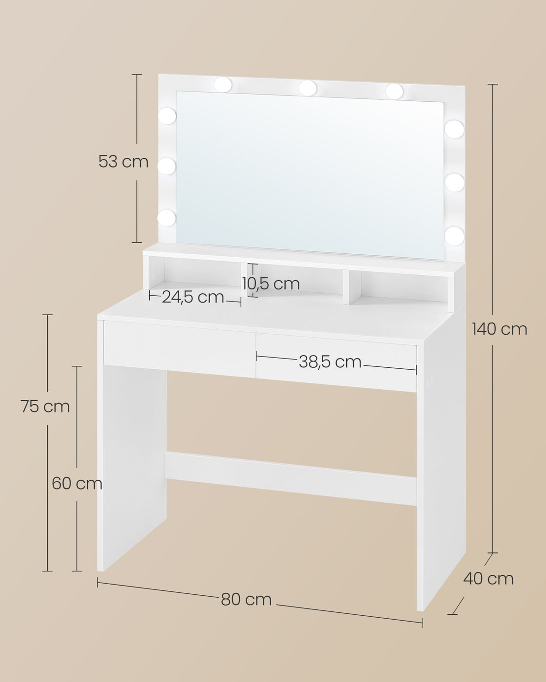 Kaptafel met Verlichte Spiegel – 9 Lampjes, 3 Lichtkleuren, Dimbaar – 2 Lades & Open Vakken – 80 cm