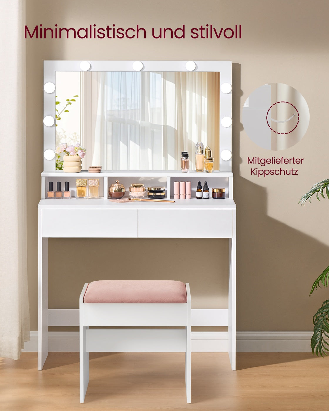 Kaptafel met Verlichte Spiegel – 9 Lampjes, 3 Lichtkleuren, Dimbaar – 2 Lades & Open Vakken – 80 cm