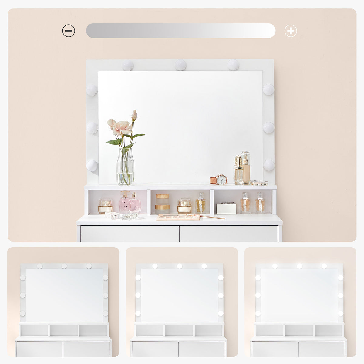 Kaptafel met Verlichte Spiegel – 9 Lampjes, 3 Lichtkleuren, Dimbaar – 2 Lades & Open Vakken – 80 cm