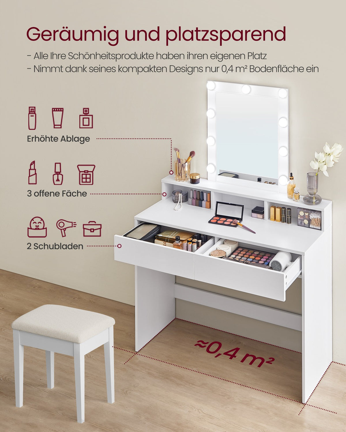 Kaptafel met LED-Spiegel – Dimbare Verlichting – 2 Lades & 3 Open Vakken – Wit – 100 x 40 x 145 cm