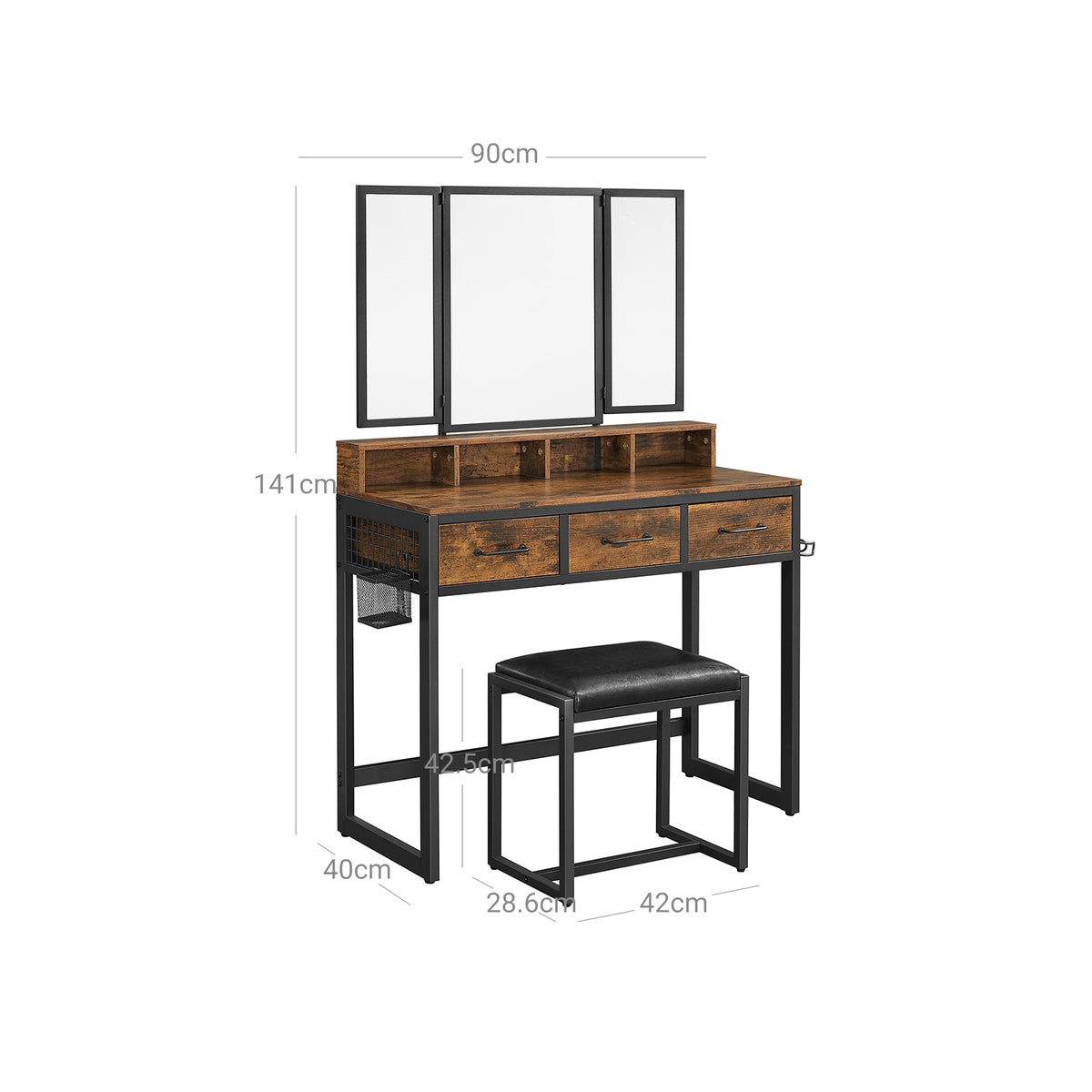 Kaptafel met Krukje en Driedelige Klapspiegel – 3 Lades & Open Vakken – Industrieel – 90 cm