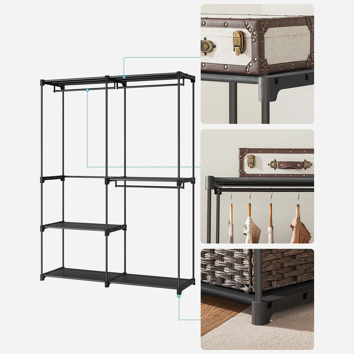 Open Kledingkast – 3 Kledingstangen & Planken – Metaal – Zonder Gereedschap – 138 x 43 x 182 cm
