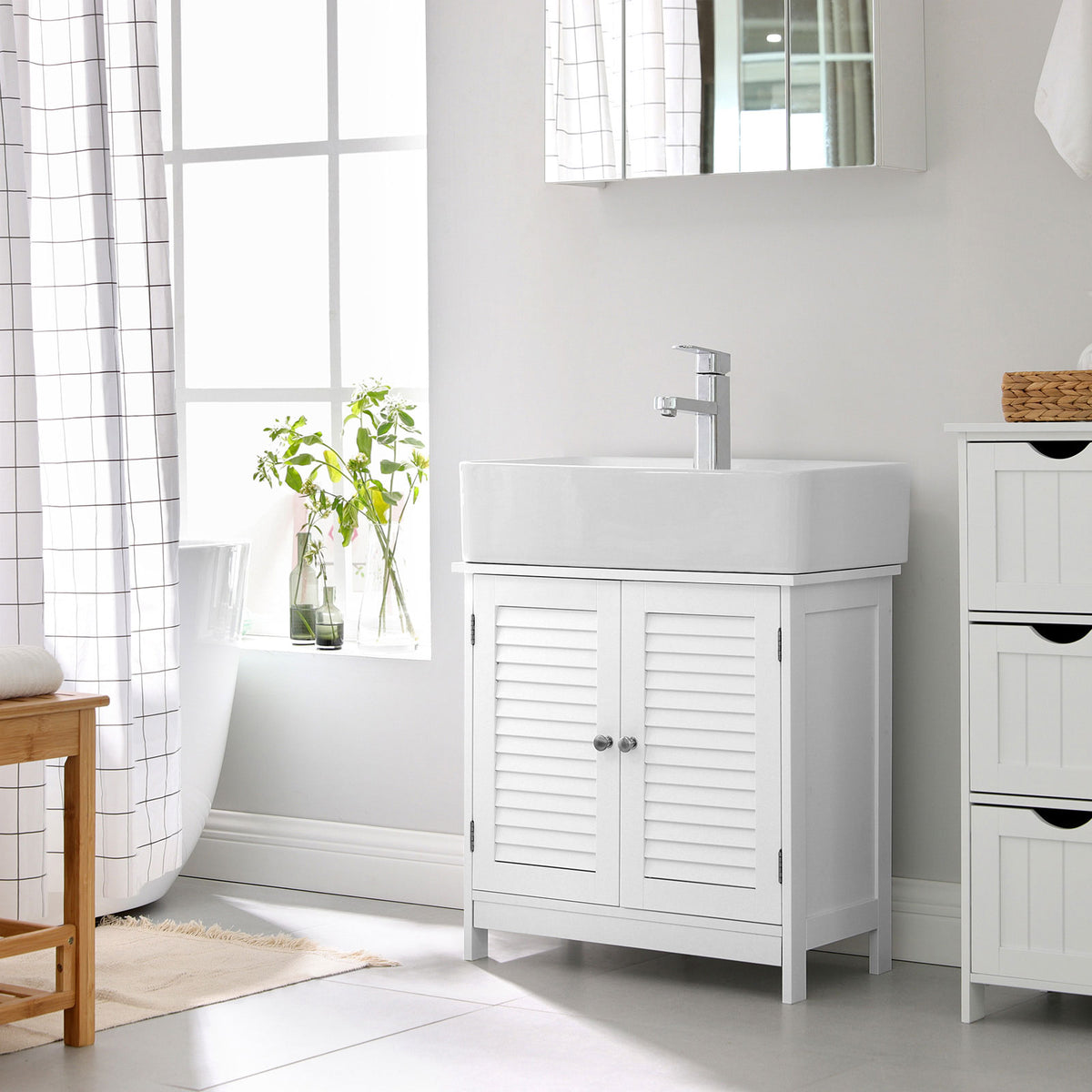 Wastafelonderkast met Lamellendeuren – Mat Wit – Verstelbare Plank – 60 x 30 x 60 cm