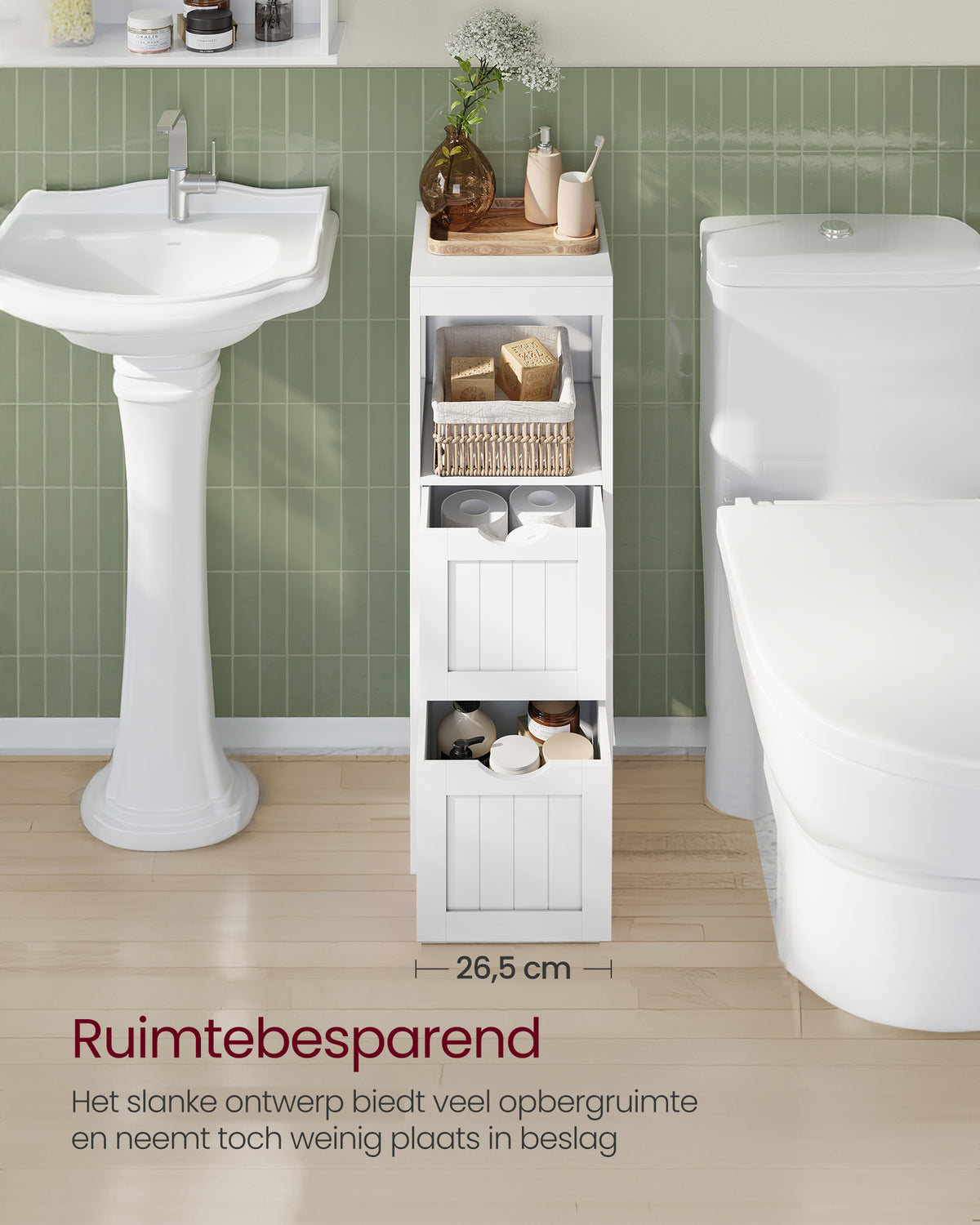 Smalle Badkamerkast met 2 Lades en Open Vak – Uitneembare Lades – 30 x 30 x 89 cm