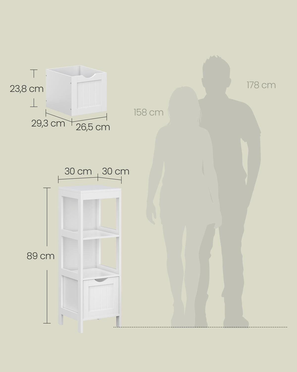 Smalle Badkamerkast met 2 Lades en Open Vak – Uitneembare Lades – 30 x 30 x 89 cm