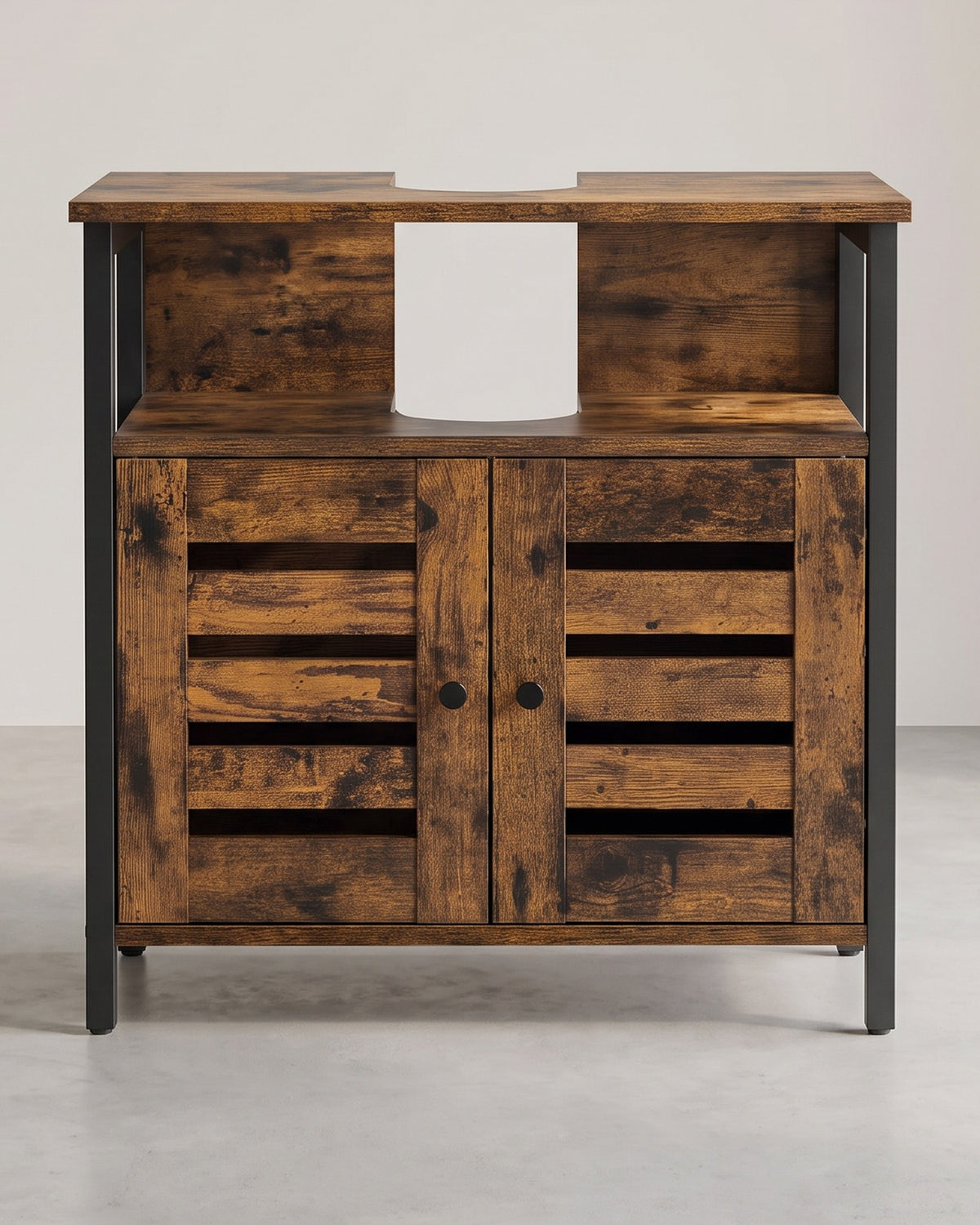 Wastafelonderkast Industrieel met Open Vak – 2 Lamellendeuren – Stalen Frame – 60 x 30 x 60 cm