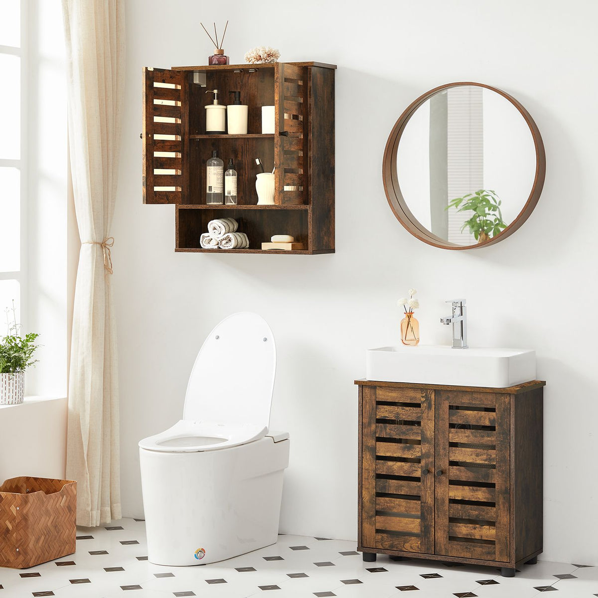 Hangkast voor de Badkamer – 2 Lamellendeuren & Open Vak – Vintage Bruin – 60 x 20 x 70 cm