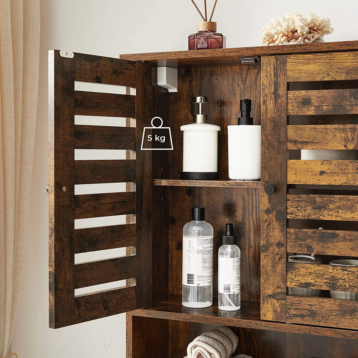 Hangkast voor de Badkamer – 2 Lamellendeuren & Open Vak – Vintage Bruin – 60 x 20 x 70 cm