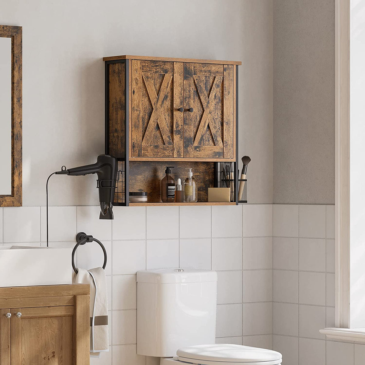 Hangkast Badkamer met Föhnhouder en Opbergmandje – 2 Deuren – Vintage Bruin – 60 x 16 x 60 cm