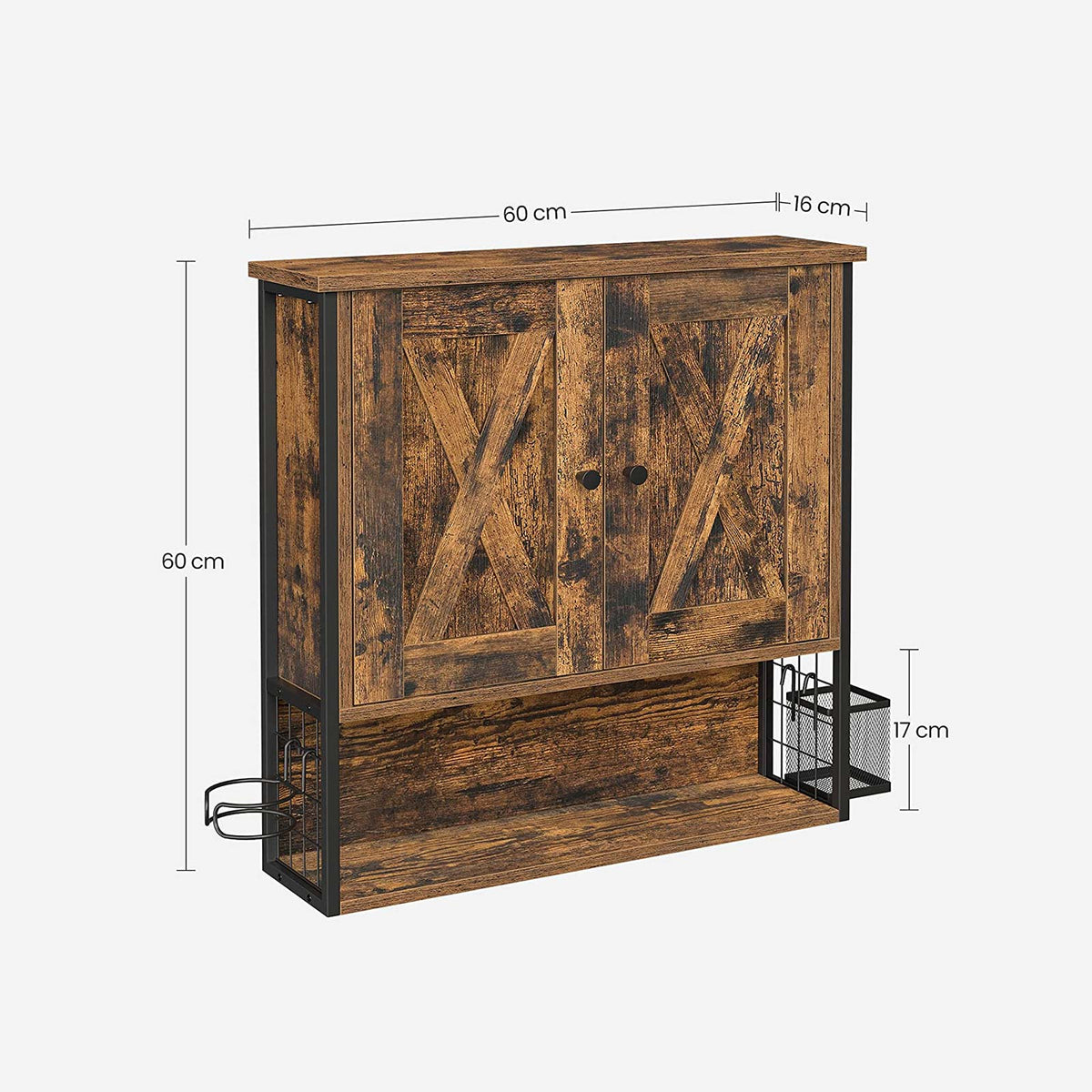 Hangkast Badkamer met Föhnhouder en Opbergmandje – 2 Deuren – Vintage Bruin – 60 x 16 x 60 cm