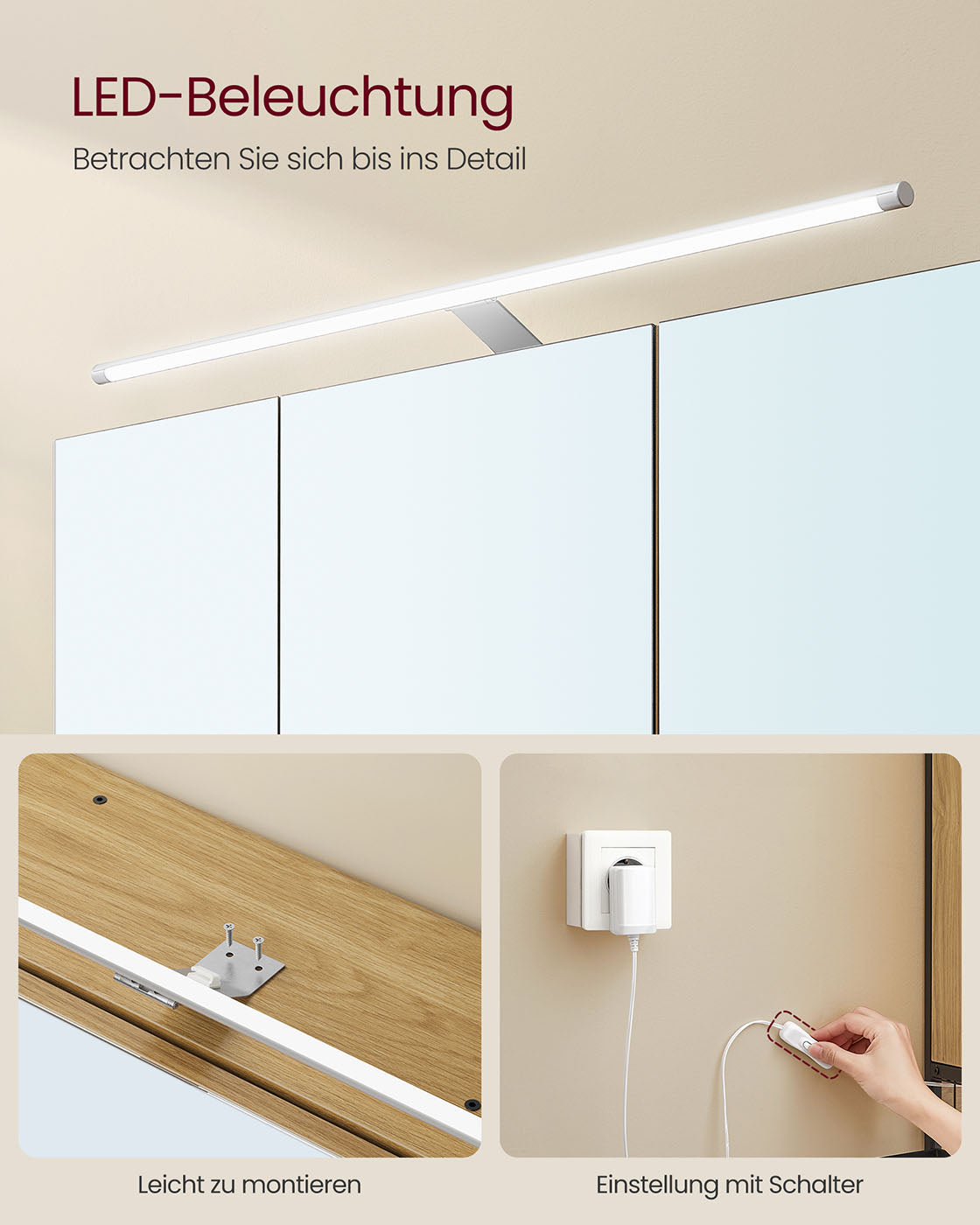 Spiegelkast met LED-Verlichting – 3 Spiegeldeuren – Föhnhouder & Opbergmandje – 70 x 14,5 x 70 cm