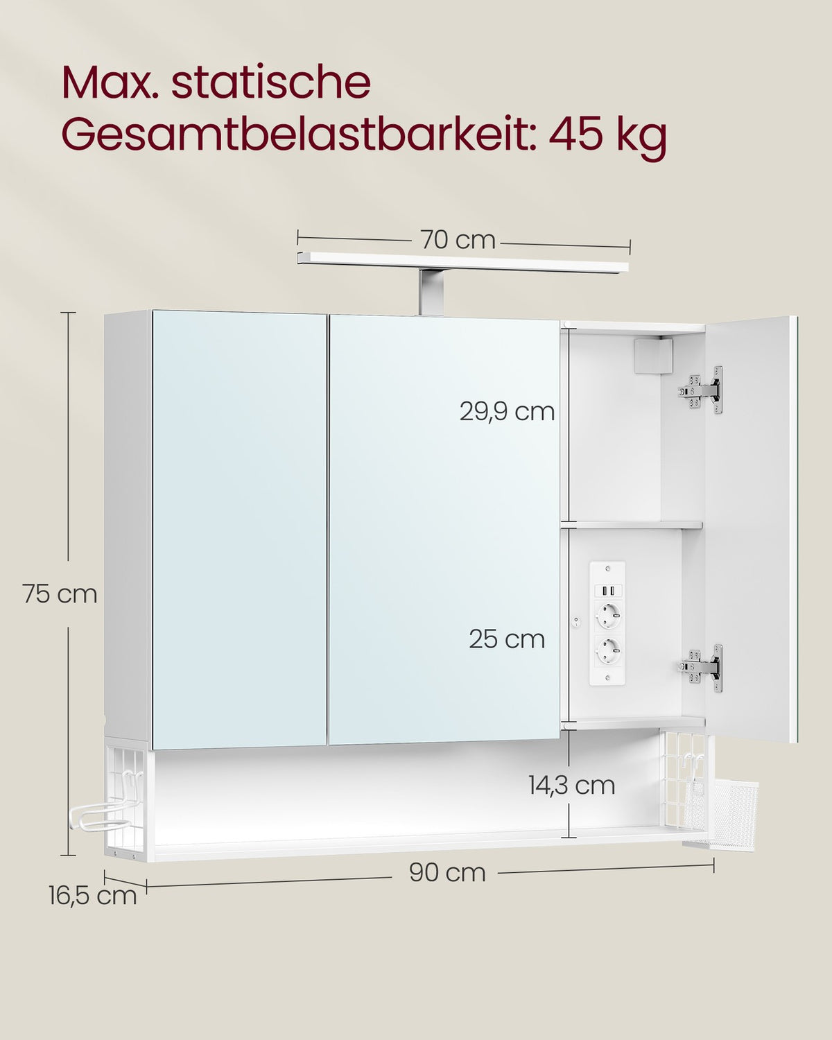 Spiegelkast met LED-Verlichting en Stopcontacten – 3 Spiegeldeuren – Föhnhouder & Opbergmandje