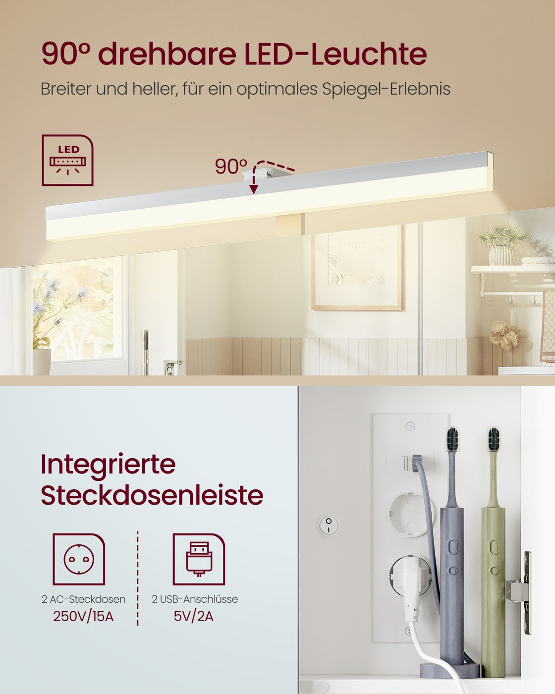 Spiegelkast met LED-Verlichting en Stopcontacten – 3 Spiegeldeuren – Föhnhouder & Opbergmandje