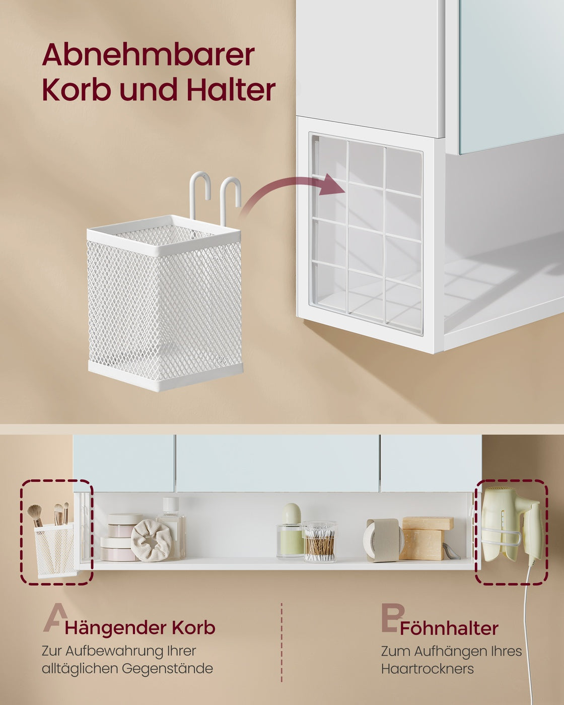 Spiegelkast met LED-Verlichting en Stopcontacten – 3 Spiegeldeuren – Föhnhouder & Opbergmandje