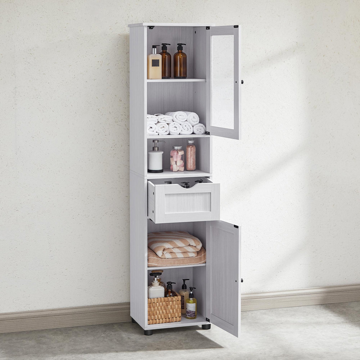 Hoge Badkamerkast met Glazen Deur, Lade en Open Vak – Verstelbare Planken – 40 x 30 x 165 cm