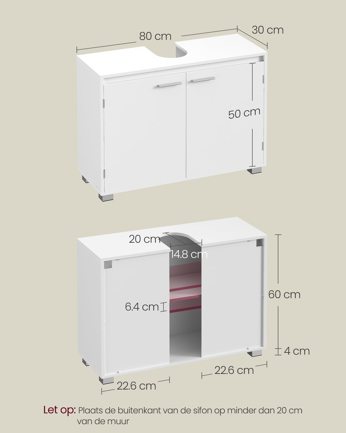 Badkamerkast voor Wastafel – Wastafelmeubel zonder Voetstuk – Wit – 60 of 80 cm