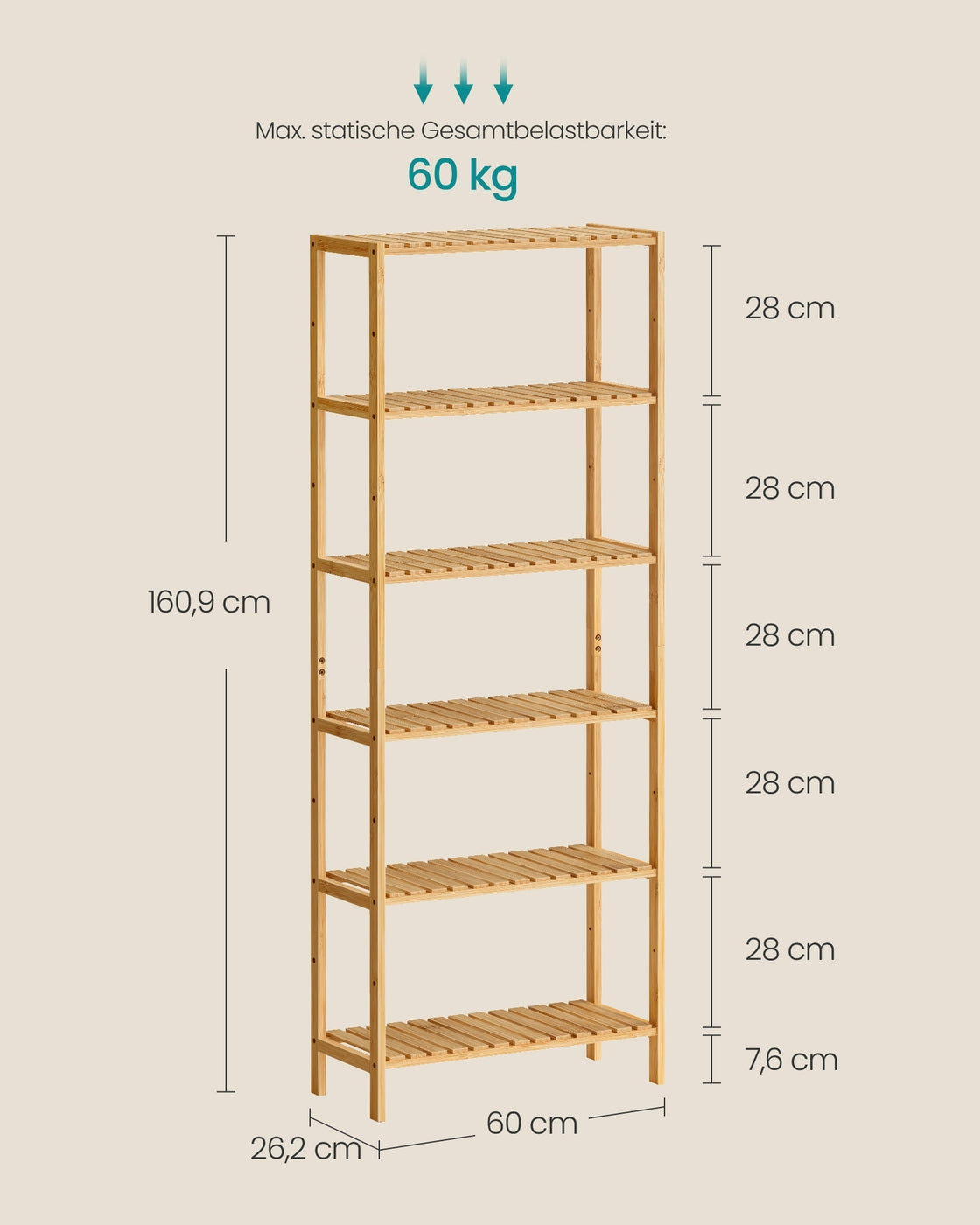 Bamboe Opbergrek met 6 Planken – Verstelbare Planken – Staand Rek voor Badkamer of Keuken – 160,9 cm