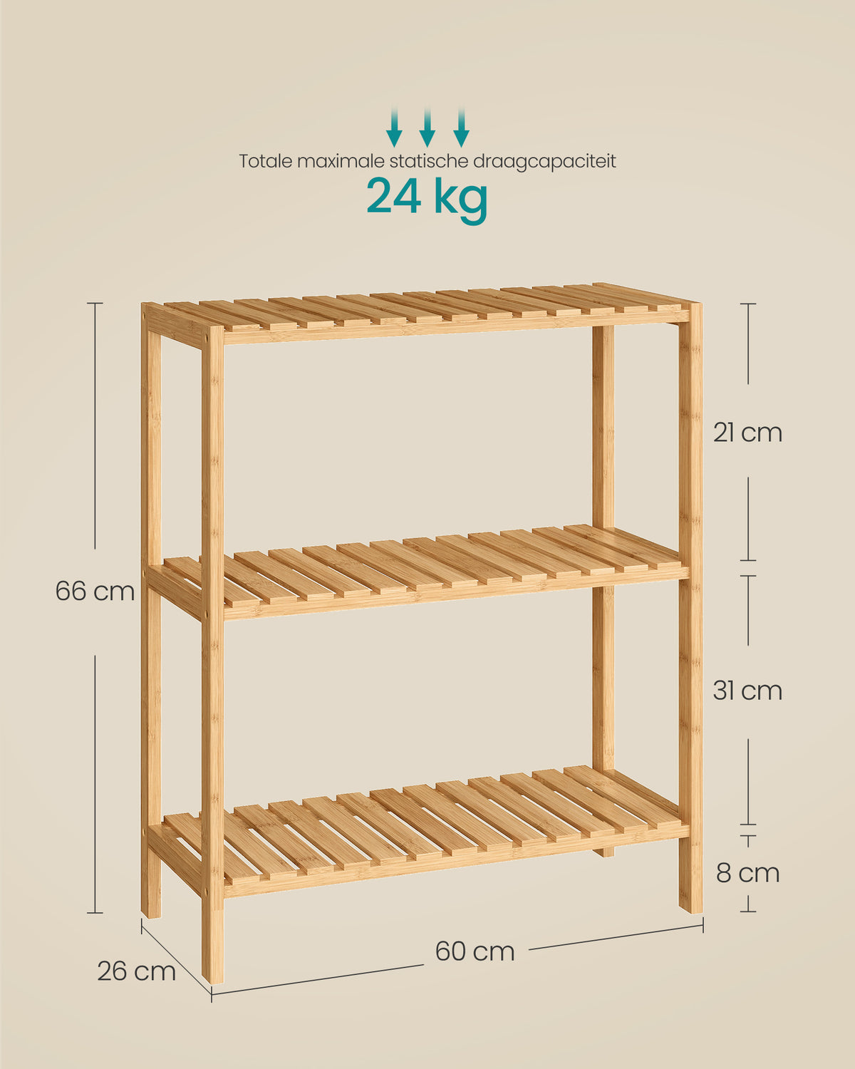 Bamboe Rek met 3 Planken – Opbergrek voor Badkamer, Hal of Keuken – 60 x 26 x 66 cm